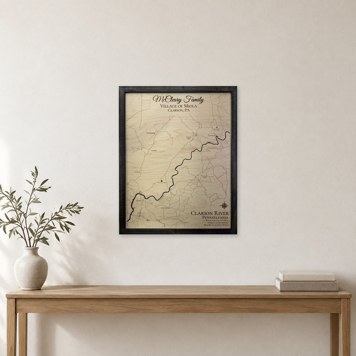 Clarion River, Pennsylvania Wood Map — room mockup [MC20261006 q1184 3a448ce43502]