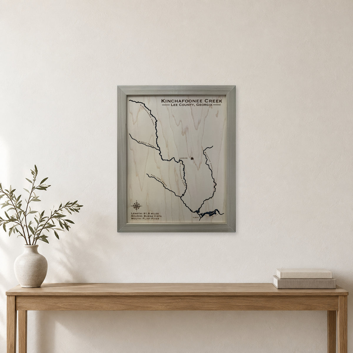 Kinchafoonee Creek, Lee County, Georgia Wood Map — room mockup [MC20261006 q1186 de651574752a]