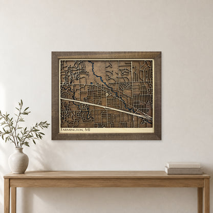 Farmington, Michigan Wood City Map — room mockup [MC20261006 q1190 c7dd556d1856]