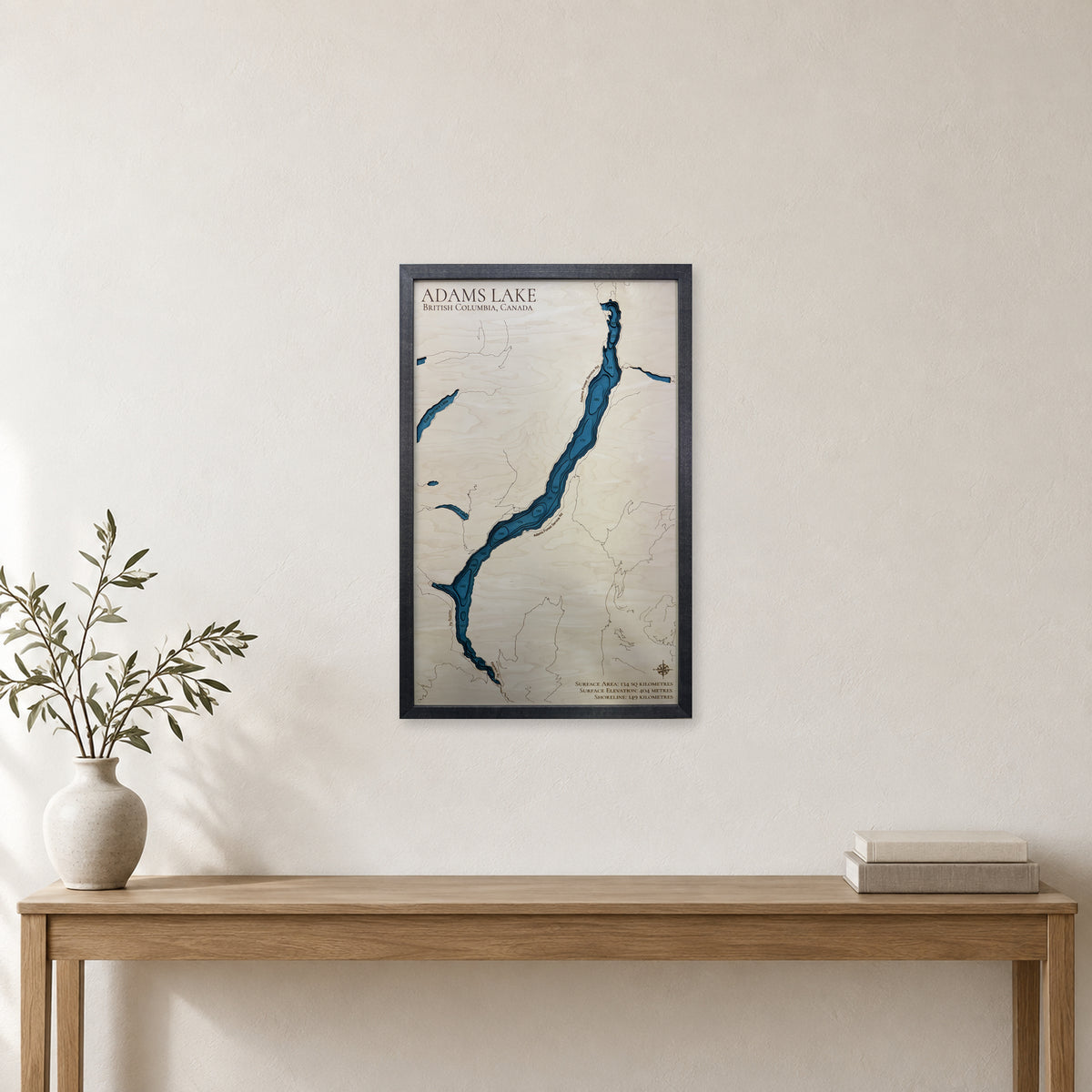 Adams Lake, British Columbia, Canada Wood Map — room mockup [MC20261006 q1289 52624989c6b2]