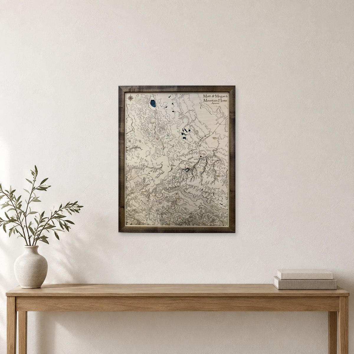 Happy Jack and Strawberry, Arizona Topographic Wood Map — room mockup [MC20261006 q1304 c43d16b76cfd]
