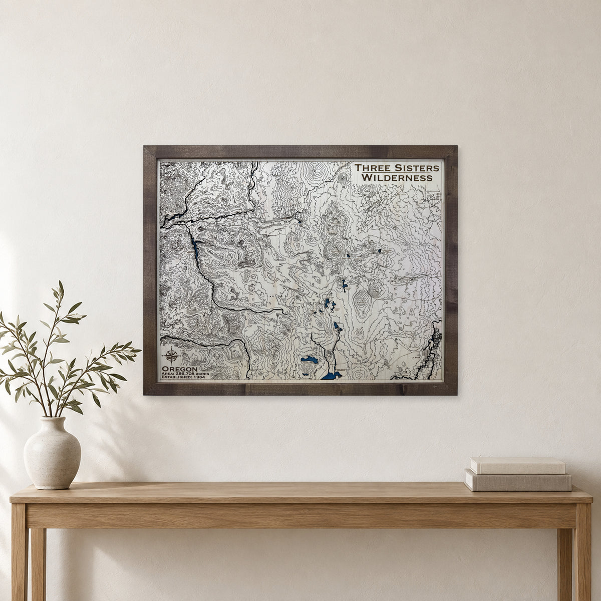 Three Sisters Wilderness Wood Map — room mockup [MC20261006 q1316 1638b1382e19]