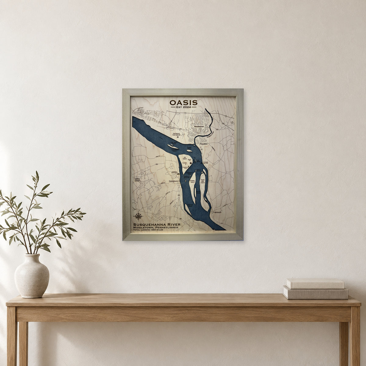 Susquehanna River, Middletown, Pennsylvania Wood Map — room mockup [MC20261006 q1397 4be627d67c24]