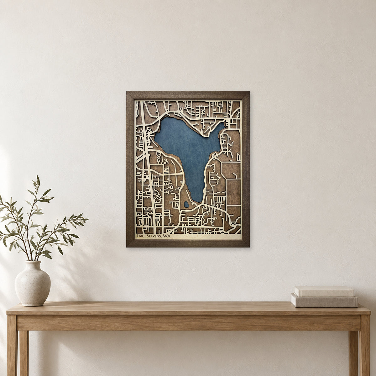 Lake Stevens, Washington Wood Map — room mockup [MC20261006 q1498 c439afaf9c1a]