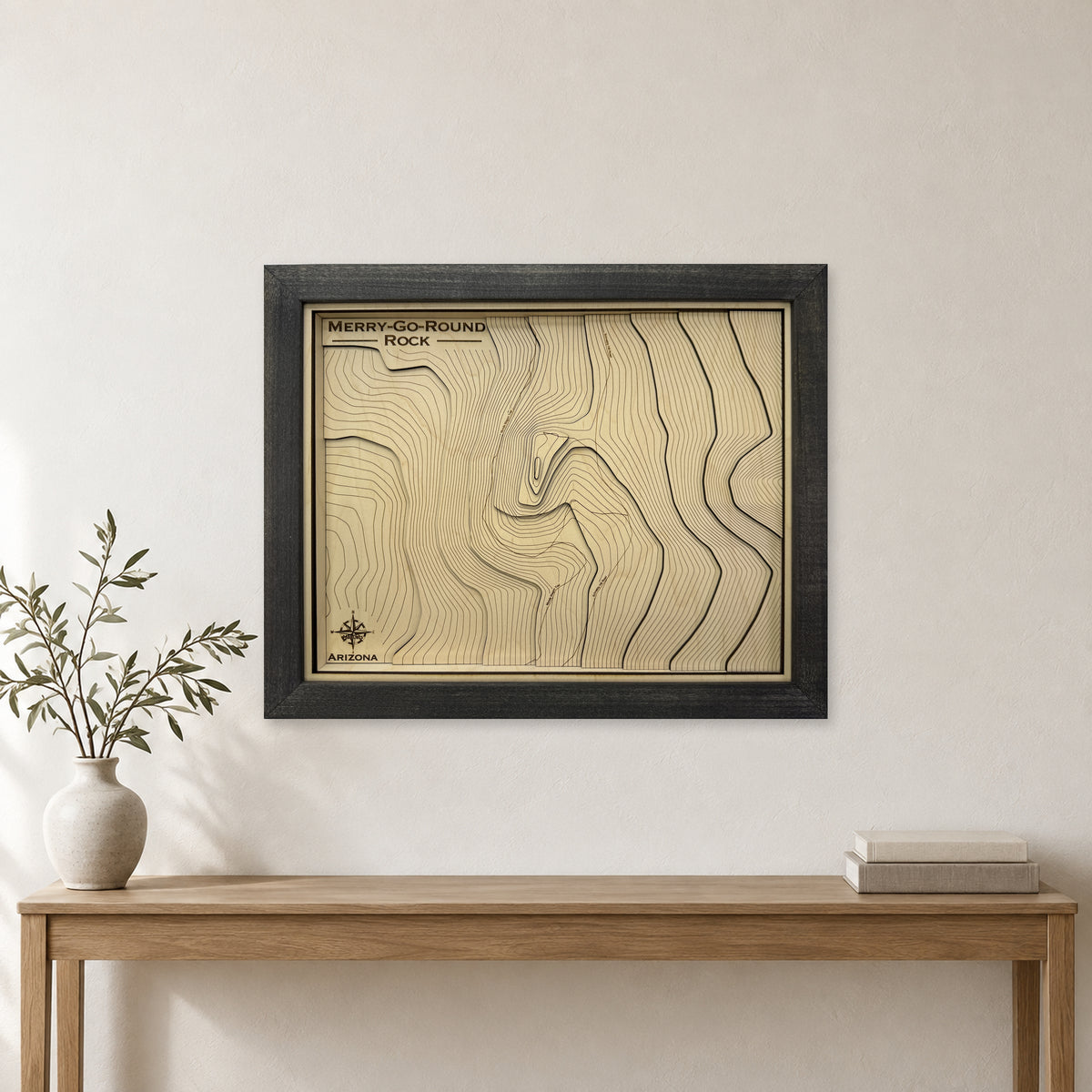 Merry-Go-Round Rock, Arizona Topographic Wood Map — room mockup [MC20261006 q1525 499663ee783f]