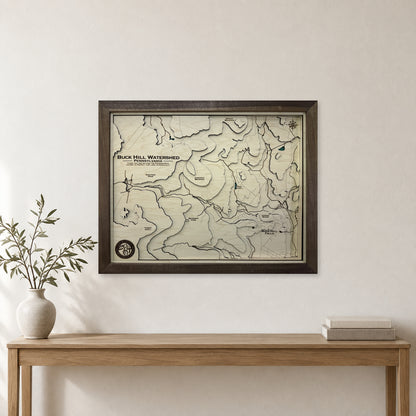 Buck Hill Watershed, Pennsylvania Topographic Wood Map — room mockup [MC20261006 q1527 03b7433c4e4d]