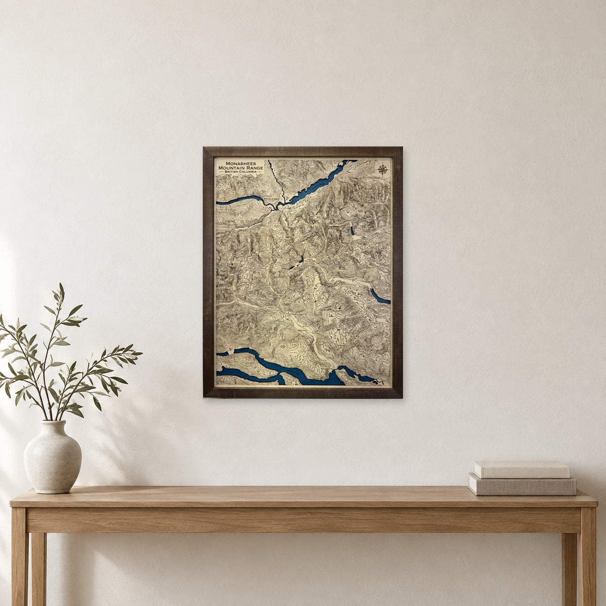 Monashees Mountain Range, British Columbia Topographic Wood Map — room mockup [MC20261006 q1577 86dafd9abf57]