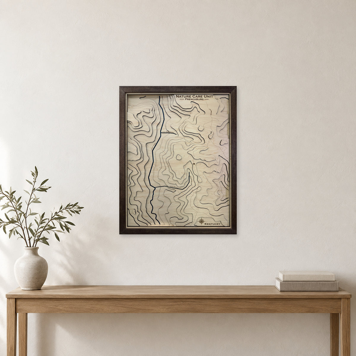 Frenchburg, Kentucky Topographic Wood Map — room mockup [MC20261006 q1605 b052cae61300]