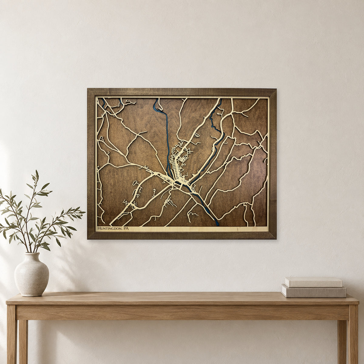 Huntingdon, Pennsylvania Wood City Map — room mockup [MC20261006 q1631 ecdce96876d5]