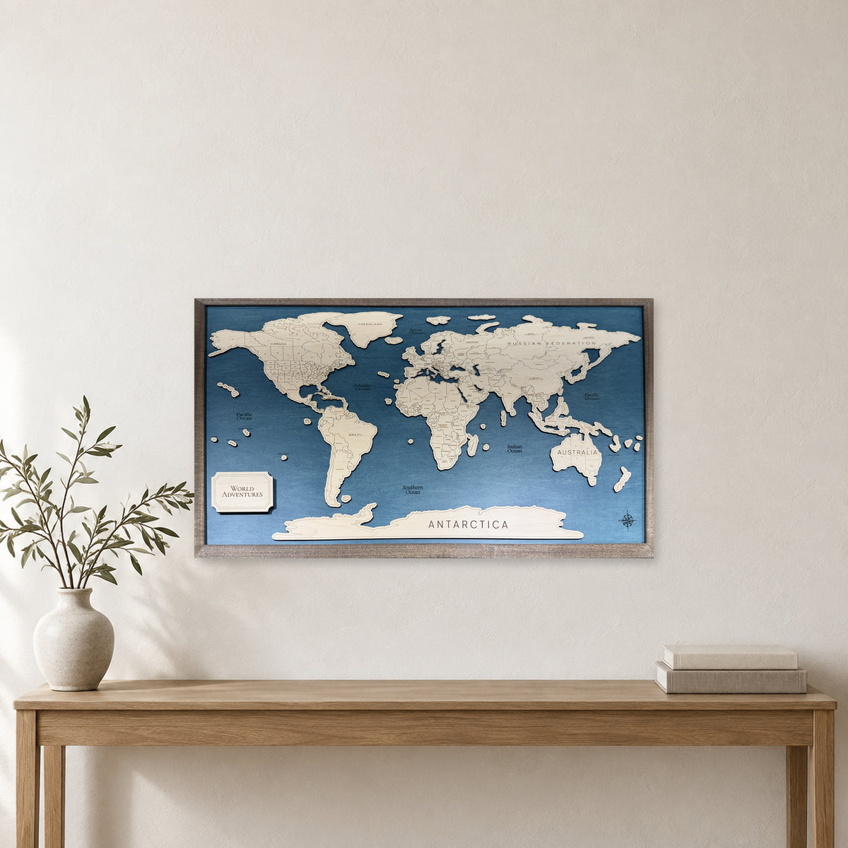 World Adventures Walnut Wood Travel Map — room mockup [MC20261006 q1912 9f523c8de391]
