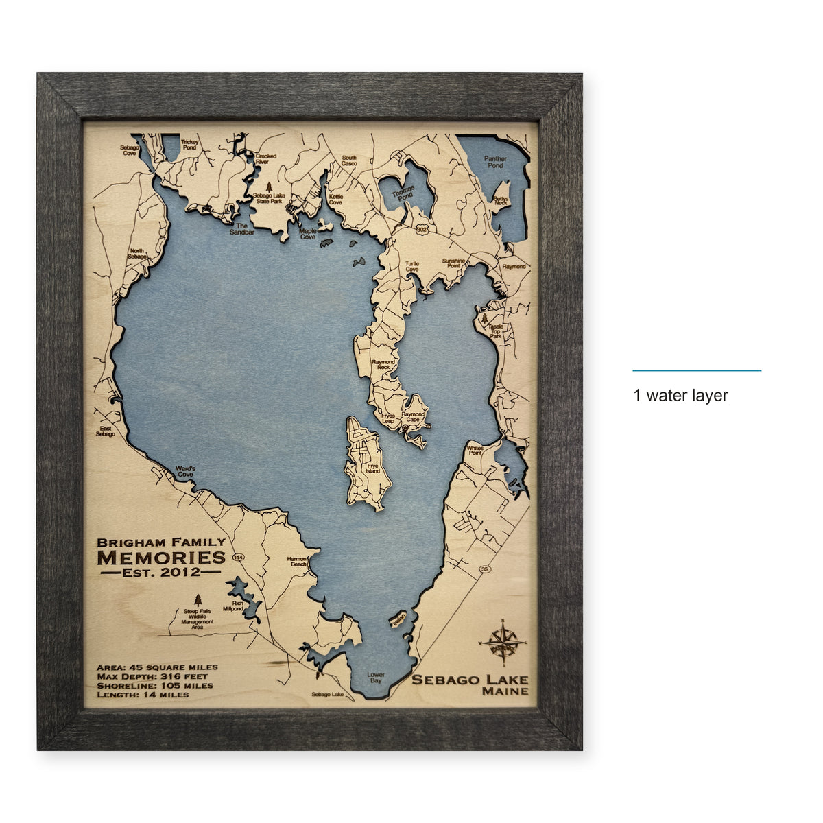 Sebago Lake Maine Brigham Family Charcoal Tall Single Water Layer Wood Map — style-labeled photo [MC20261006 q1989 5036a46cf243]