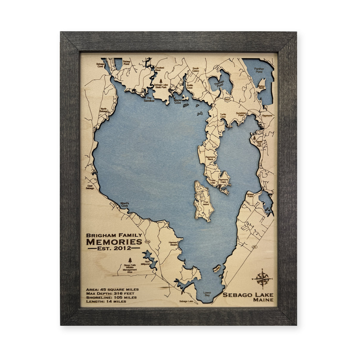 Sebago Lake Maine Brigham Family Charcoal Tall Single Water Layer Wood Map — 1 water layer main photo [MC20261006 q1989 b44534d62516]