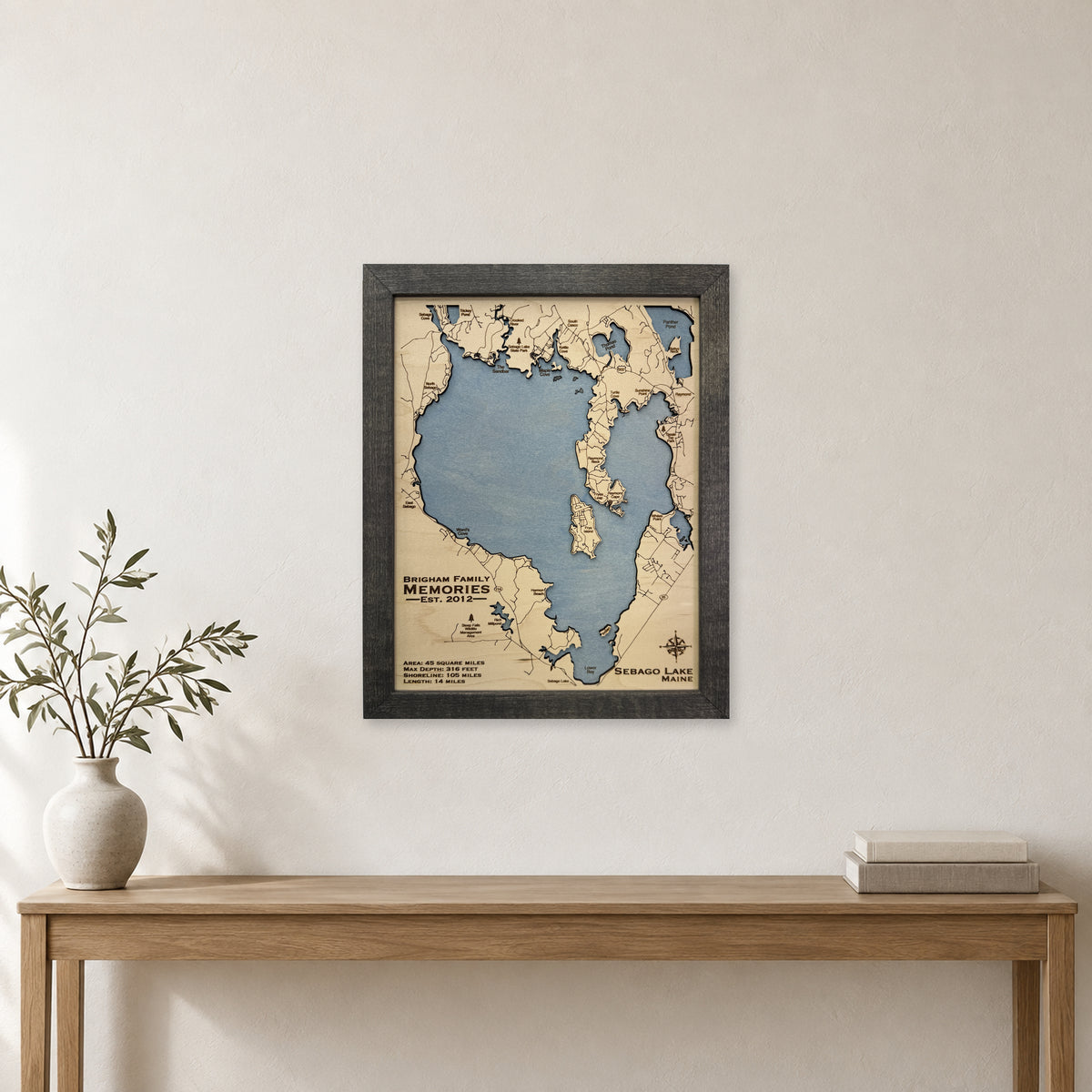 Sebago Lake Maine Brigham Family Charcoal Tall Single Water Layer Wood Map — room mockup [MC20261006 q1989 5592c966974a]