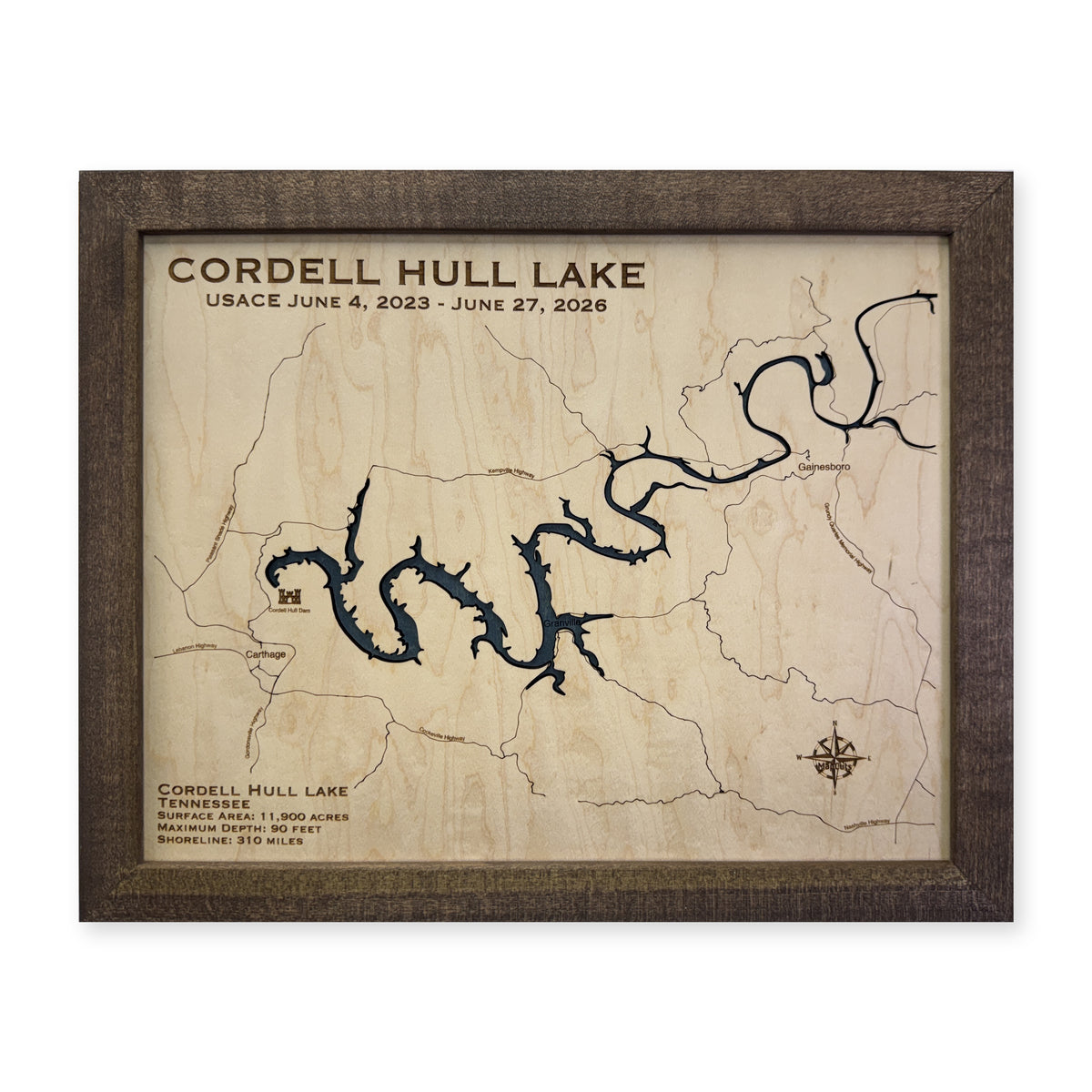 Cordell Hull Lake, Tennessee Wood Map — plain-background photo [MC20261006 q1993 b43679e8f6b2]