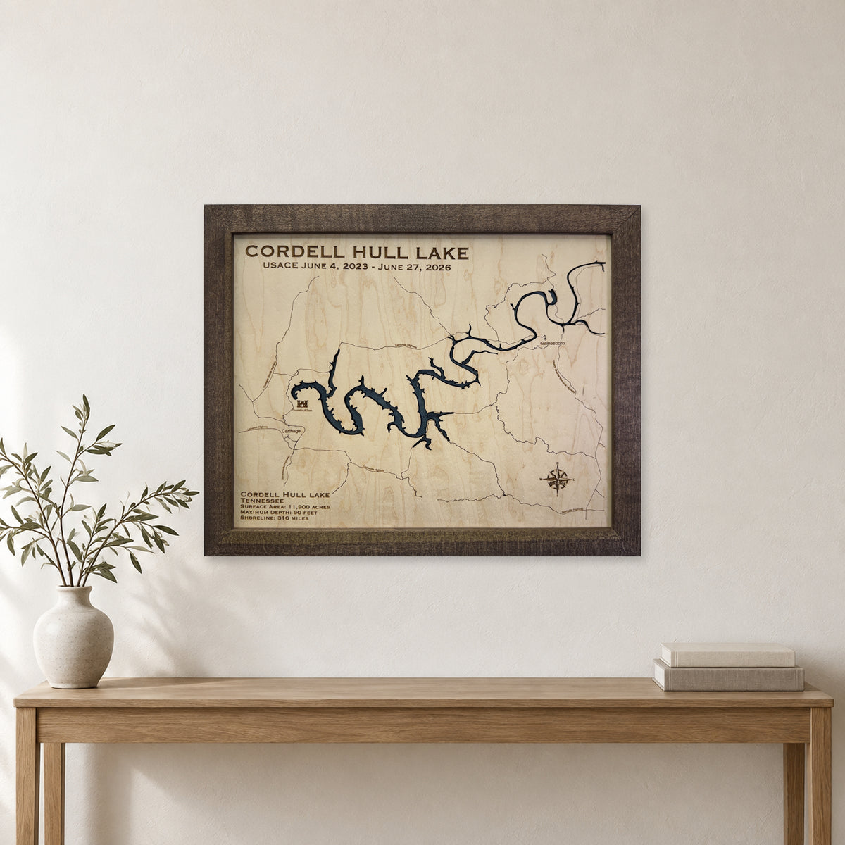 Cordell Hull Lake, Tennessee Wood Map — room mockup [MC20261006 q1993 cfea4253f433]