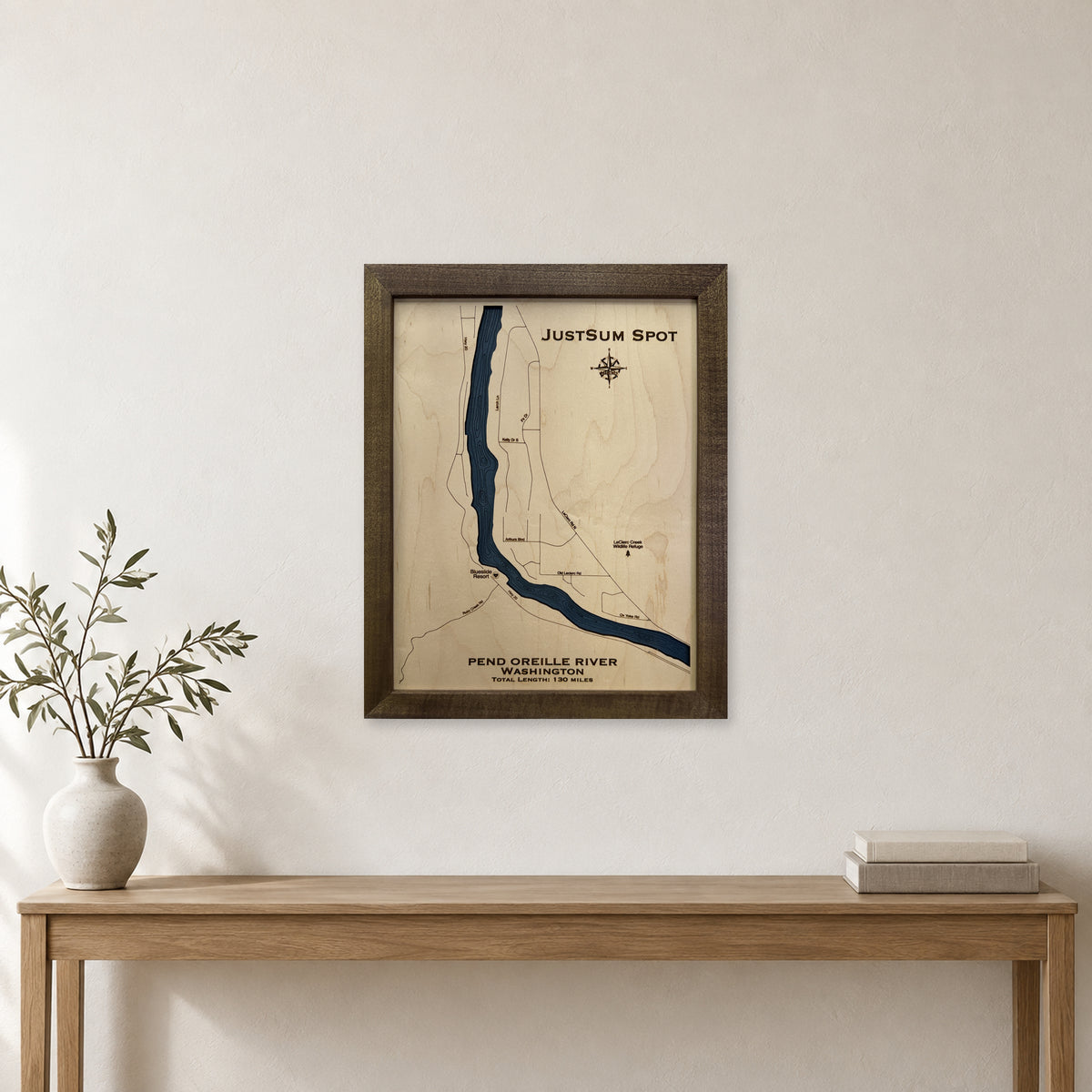 Pend Oreille River, Washington Wood Map — room mockup [MC20261006 q1994 c8baa4a4ad5c]