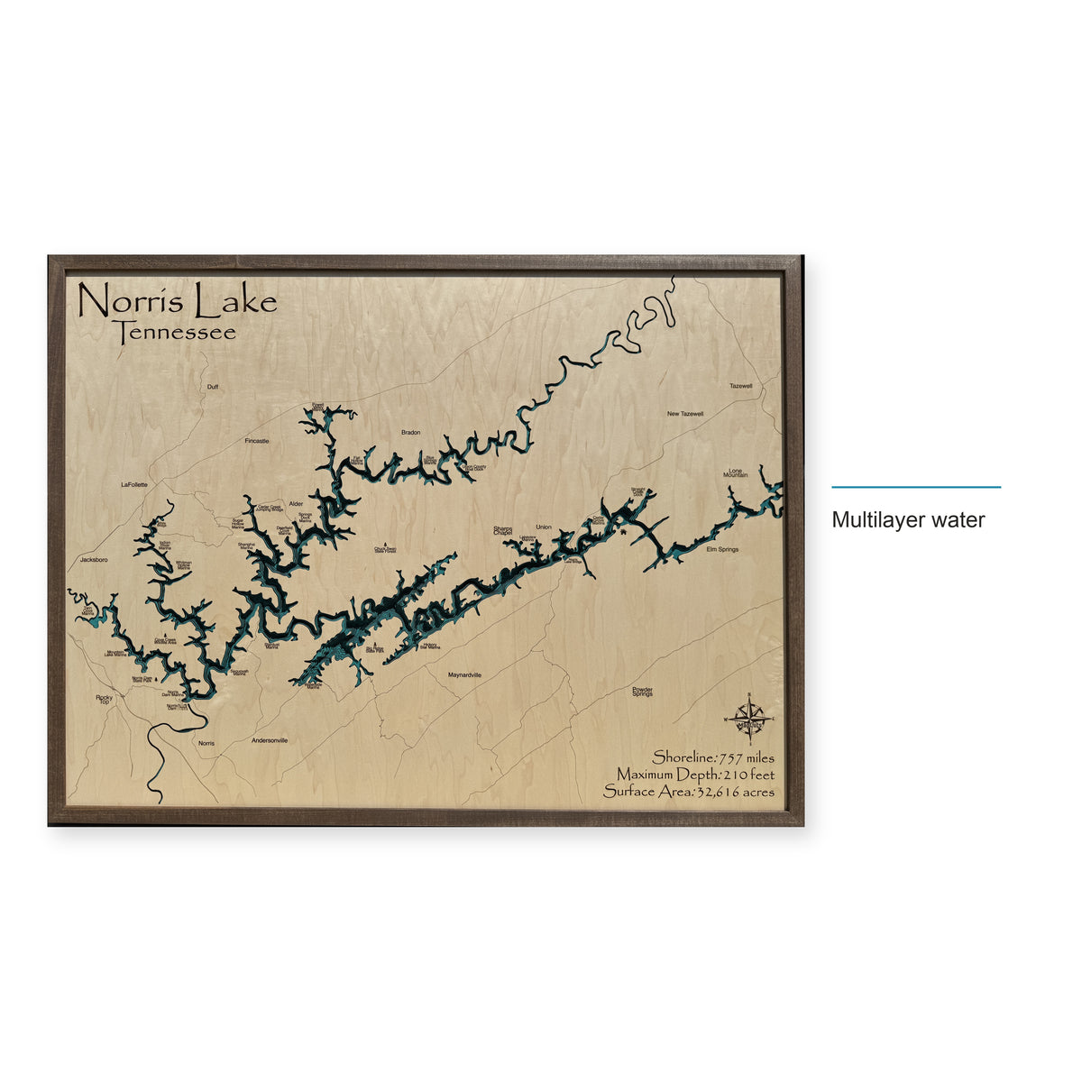 Norris Lake Tennessee Walnut Square Plain Script Multilayer Wood Map — style-labeled photo [MC20261006 q2001 2c1d8b717300]