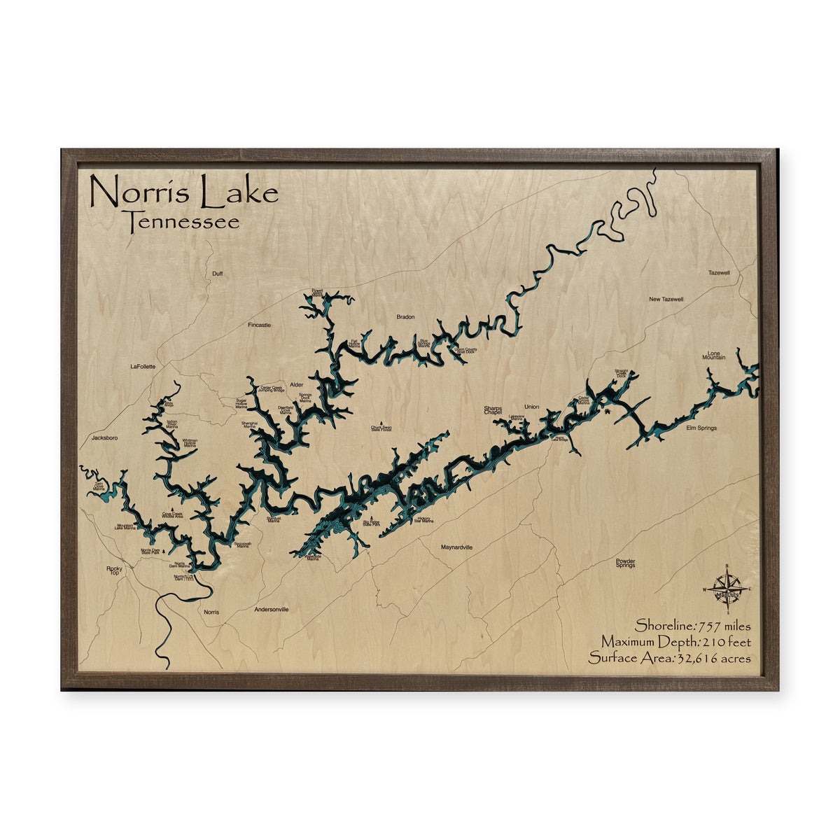 Norris Lake Tennessee Walnut Square Plain Script Multilayer Wood Map — Multilayer water main photo [MC20261006 q2001 f973d5fe9423]