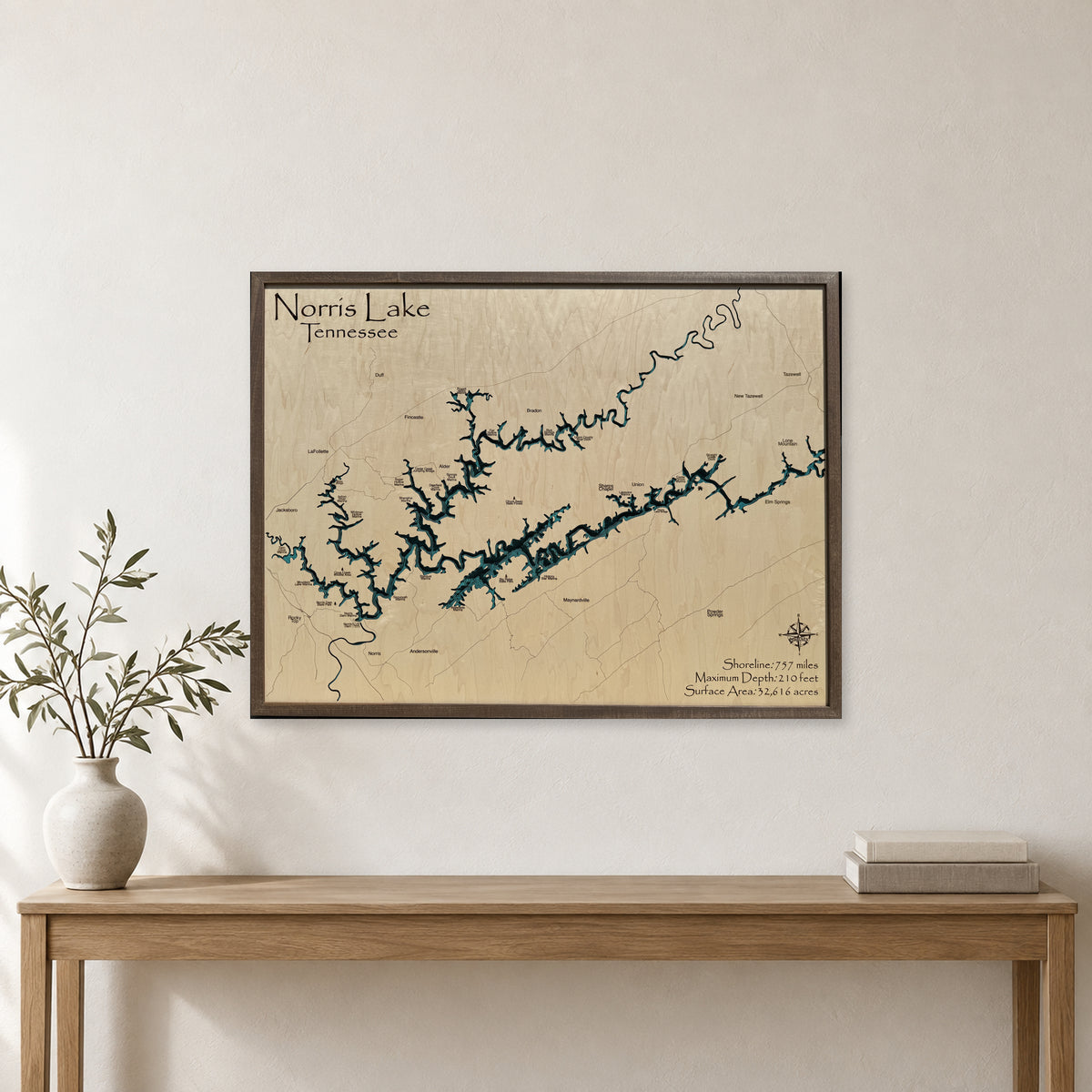 Norris Lake Tennessee Walnut Square Plain Script Multilayer Wood Map — room mockup [MC20261006 q2001 20ee2f56ab28]