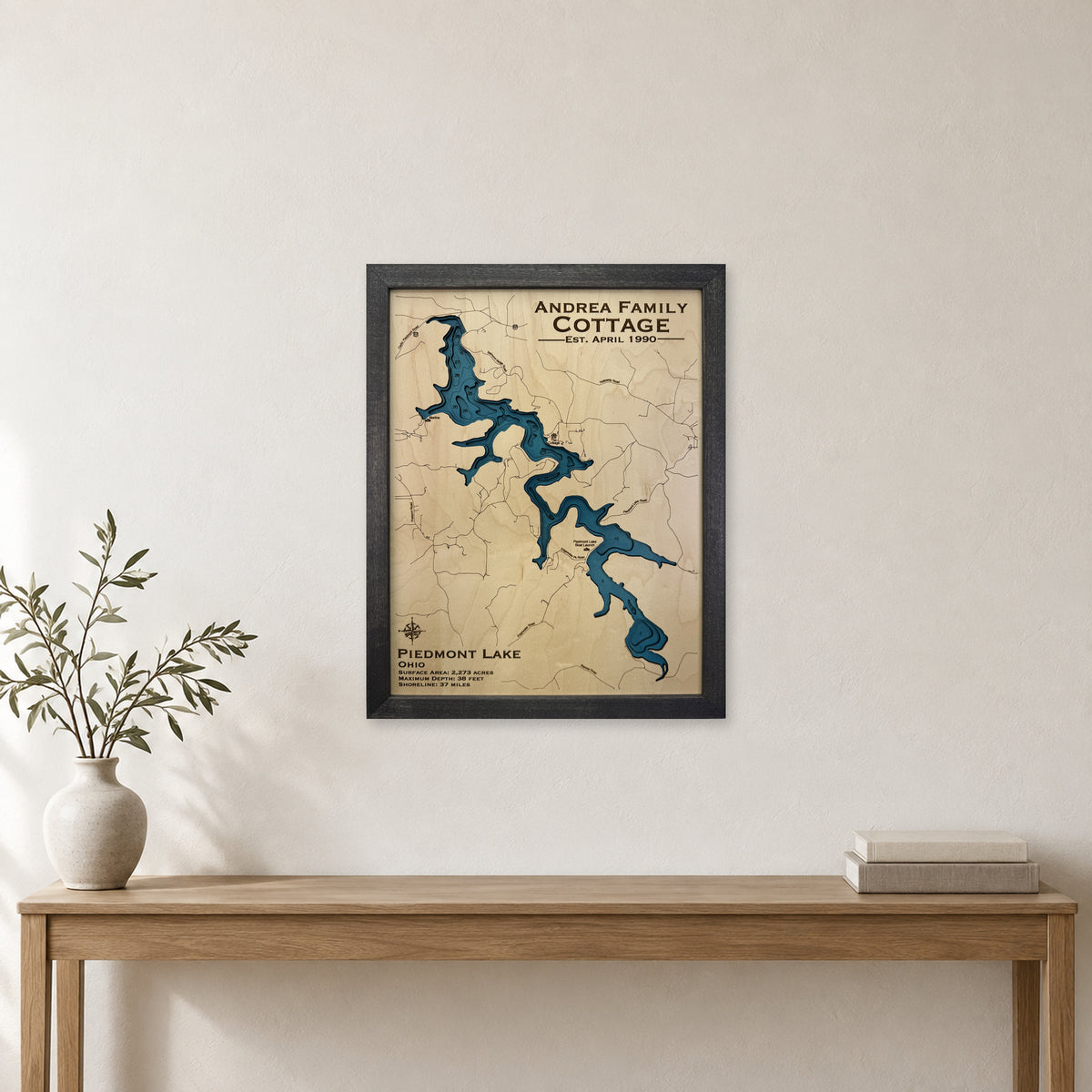 Piedmont Lake, Ohio Wood Map — room mockup [MC20261006 q2007 af1e1c888b1e]