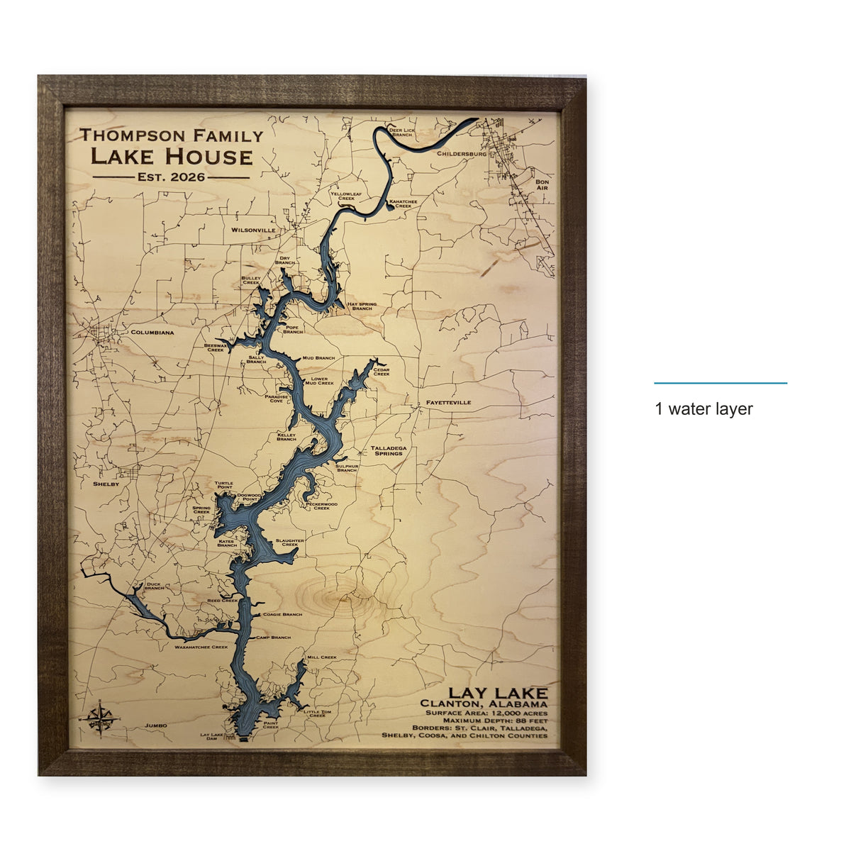 Lay Lake, Clanton, Alabama Wood Map — style-labeled photo [MC20261006 q2024 bada66b928b6]
