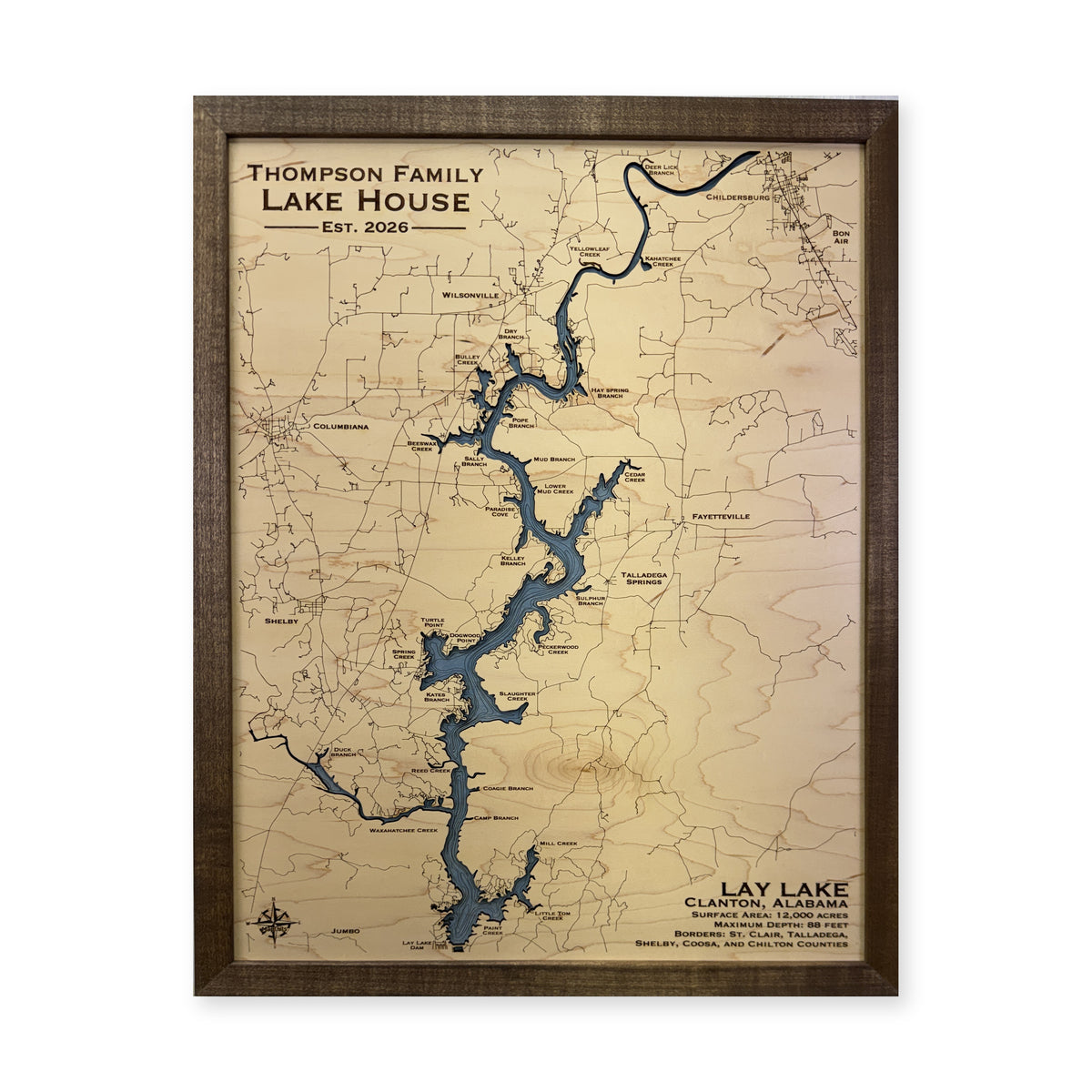 Lay Lake, Clanton, Alabama Wood Map — plain-background photo [MC20261006 q2024 25a6f6338dd2]