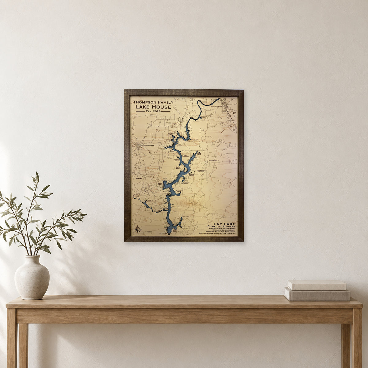 Lay Lake, Clanton, Alabama Wood Map — room mockup [MC20261006 q2024 4a03f453e051]