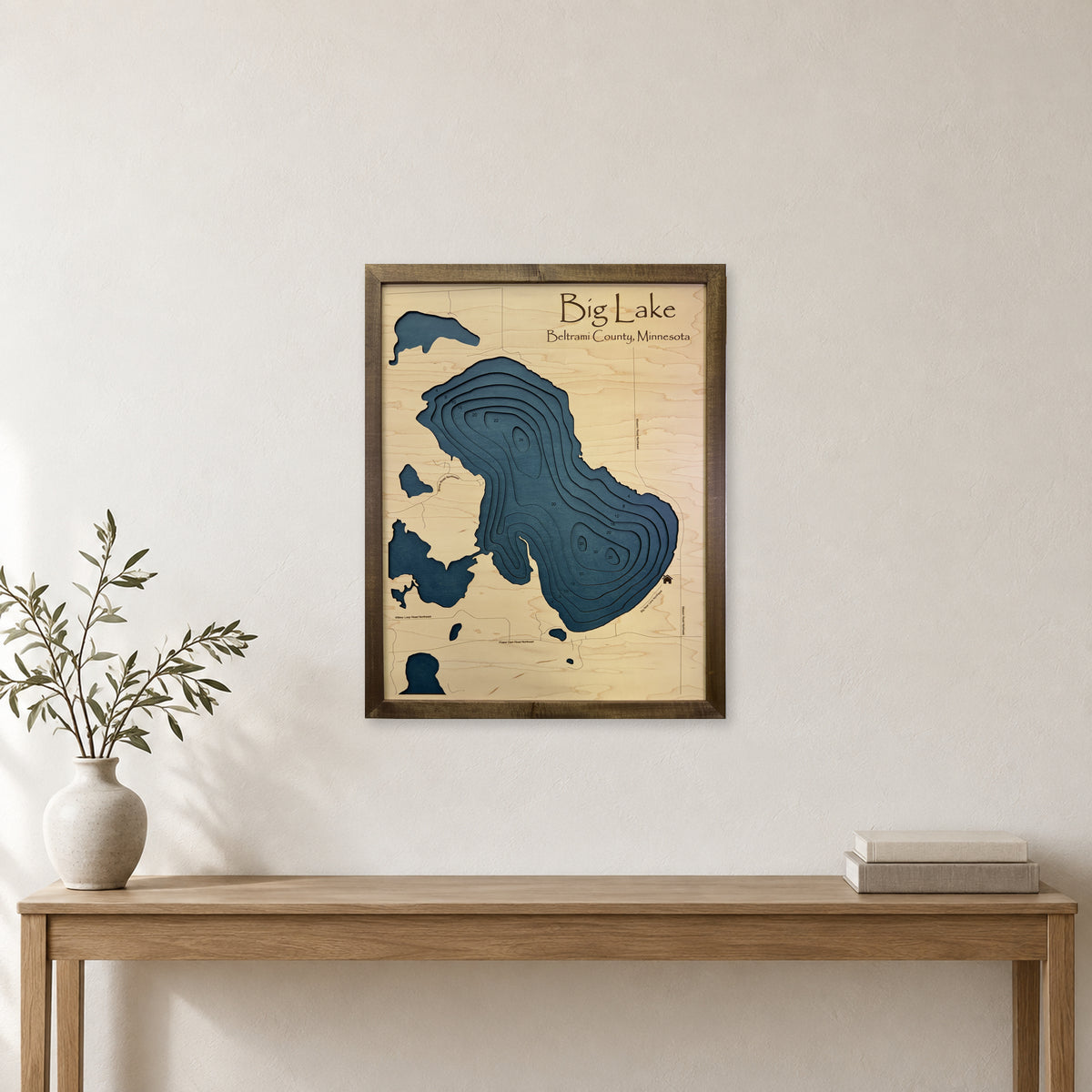 Big Lake, Beltrami County, Minnesota Wood Map — room mockup [MC20261006 q2025 9b53040f2a3b]
