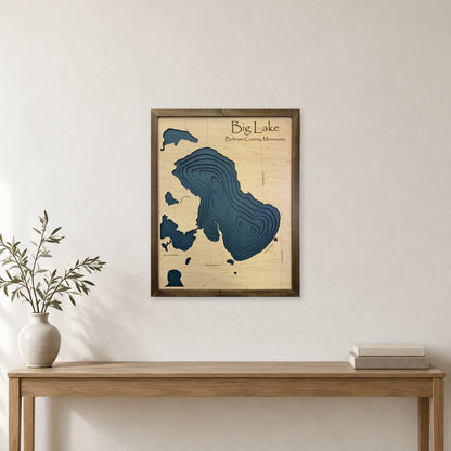 Big Lake, Beltrami County, Minnesota Wood Map — room mockup [MC20261006 q2025 9b53040f2a3b]