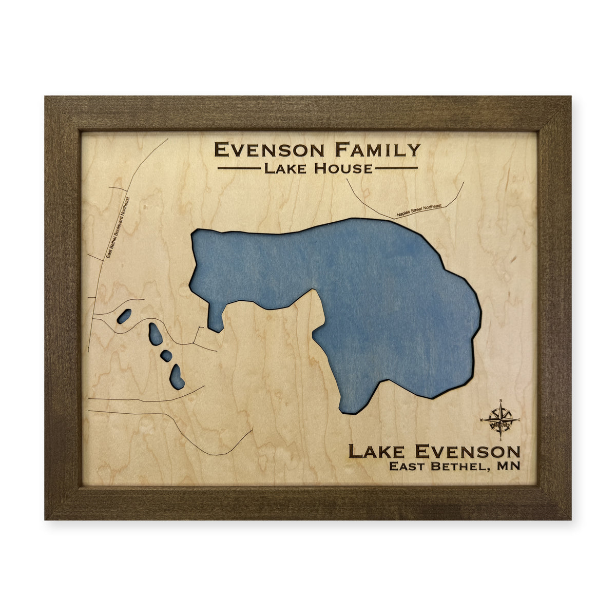 Lake Evenson, East Bethel, Minnesota Wood Map — plain-background photo [MC20261006 q2048 c76869c8c5cf]