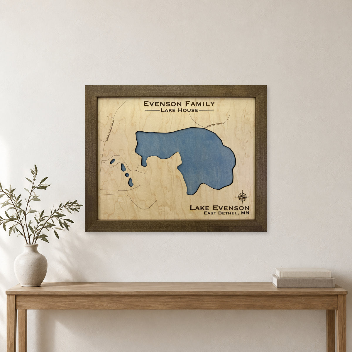 Lake Evenson, East Bethel, Minnesota Wood Map — room mockup [MC20261006 q2048 683328702138]