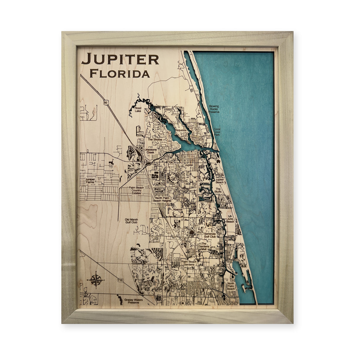Jupiter, Florida Wood Map — plain-background photo [MC20261006 q2050 7fc53c5c7093]