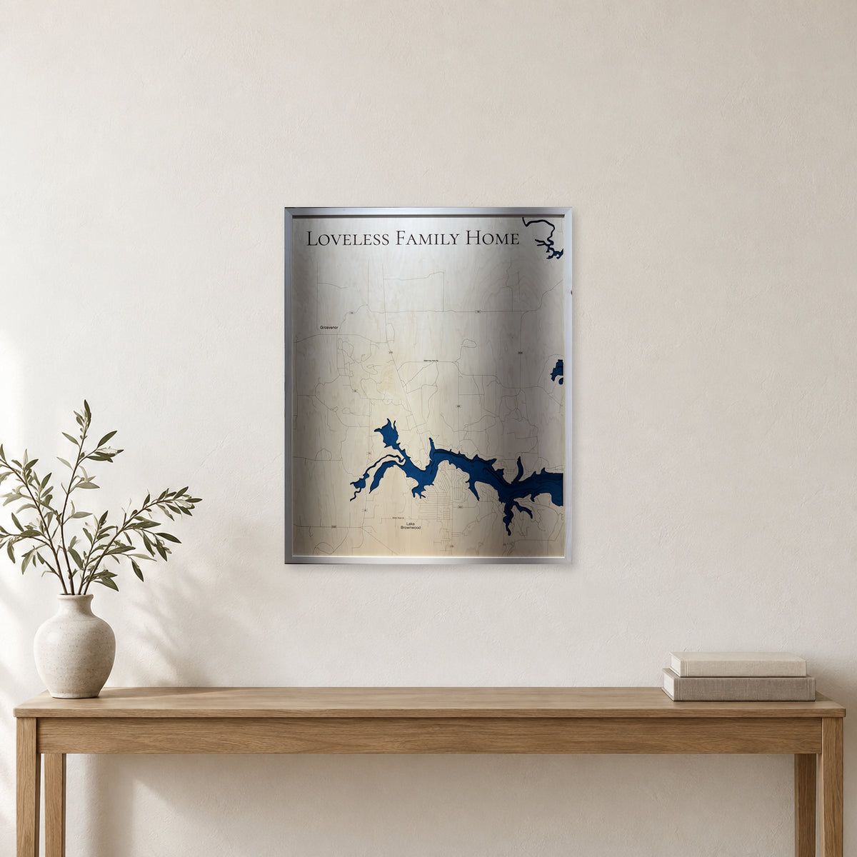 Lake Brownwood Texas Loveless Family Natural Tall Multilayer Wood Map — room mockup [MC20261006 q2056 f3981d606917]