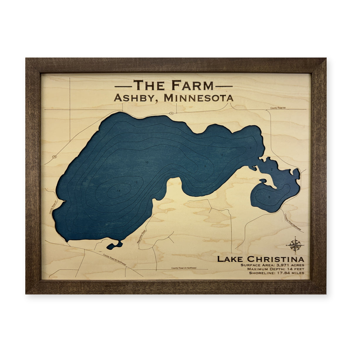 Lake Christina, Ashby, Minnesota Wood Map — plain-background photo [MC20261006 q2067 d47945727623]