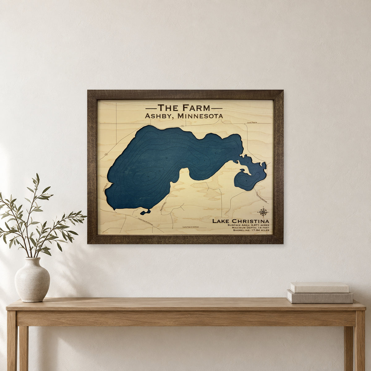 Lake Christina, Ashby, Minnesota Wood Map — room mockup [MC20261006 q2067 ebc6e769fb9f]