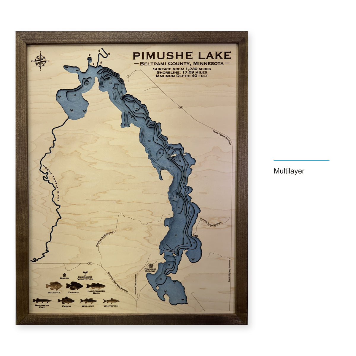Pimushe Lake, Minnesota Wood Map — style-labeled photo [MC20261006 q2071 0344db1f6a6b]