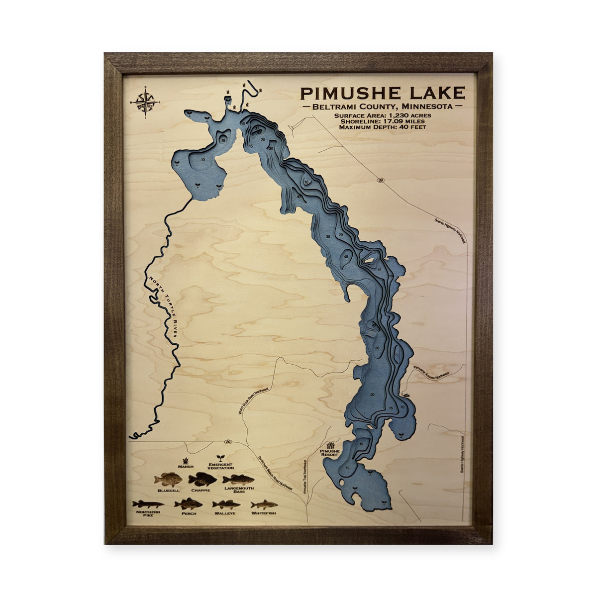 Pimushe Lake, Minnesota Wood Map — plain-background photo [MC20261006 q2071 e413cca836c2]