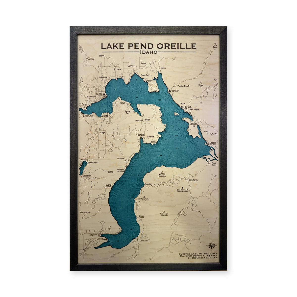 Lake Pend Oreille Idaho Charcoal Tall Plain Single Engraved Water Layer Wood Map — 1 water layer with engraved contours main photo [MC20261006 q2082 e6972e27b92c]