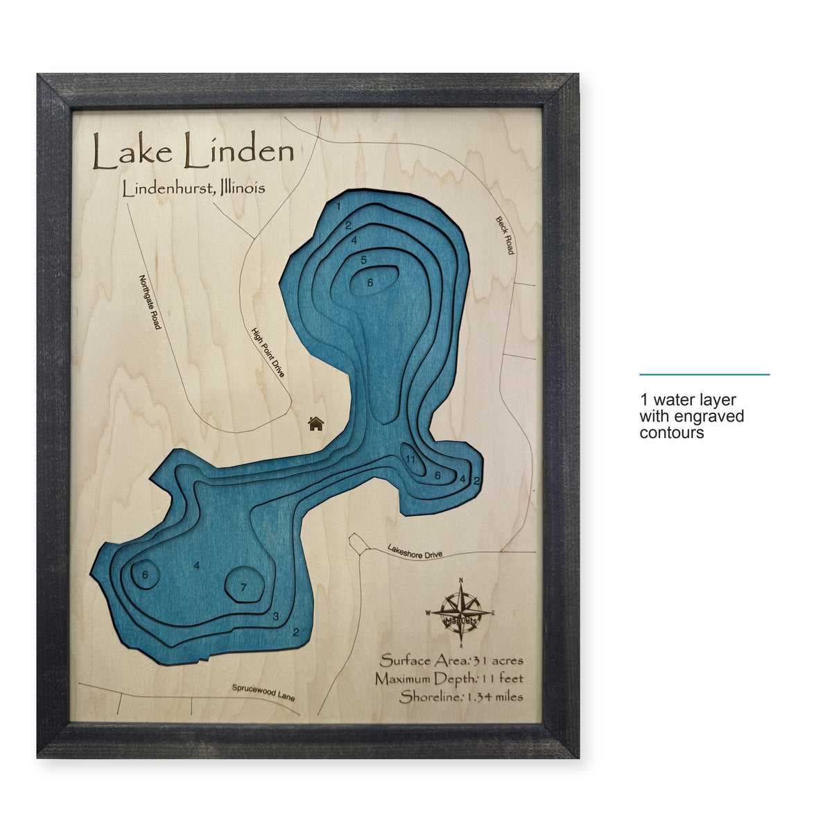 Lake Linden, Lindenhurst, Illinois Wood Map — style-labeled photo [MC20261006 q2126 7a6b6bd342ef]