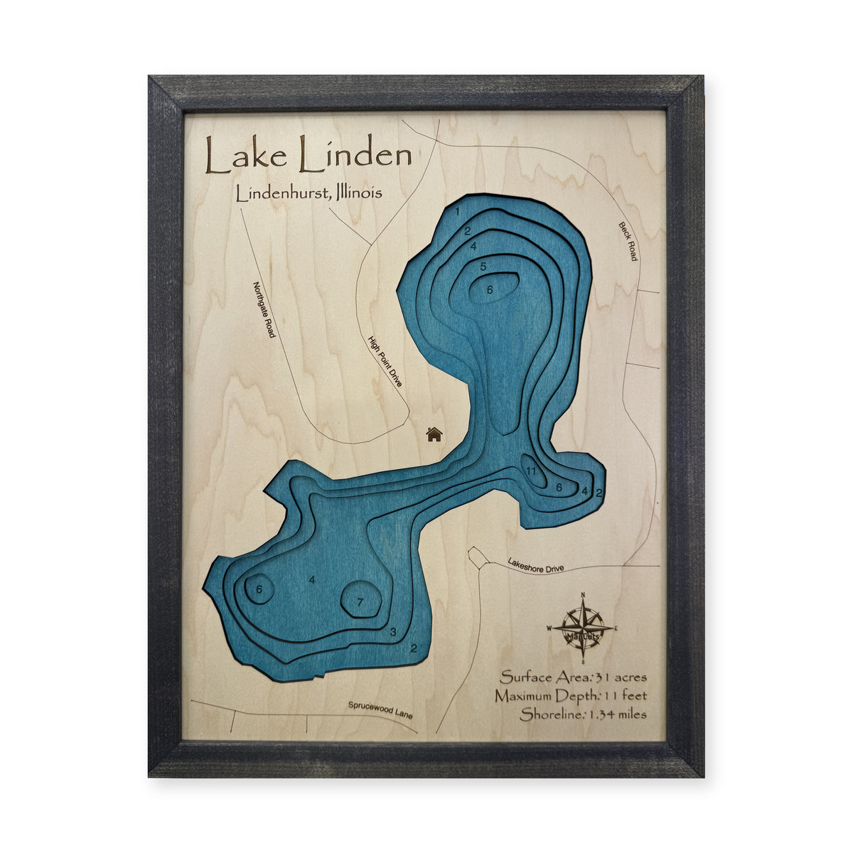 Lake Linden, Lindenhurst, Illinois Wood Map — plain-background photo [MC20261006 q2126 6057225260bd]