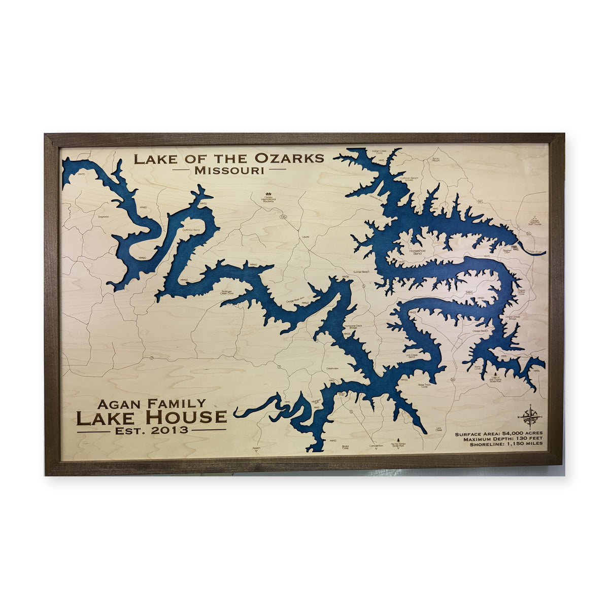 Lake of the Ozarks Missouri Agan Family Walnut Wide Single Water Layer Wood Map — 1 water layer main photo [MC20261006 q2130 3ca134845035]