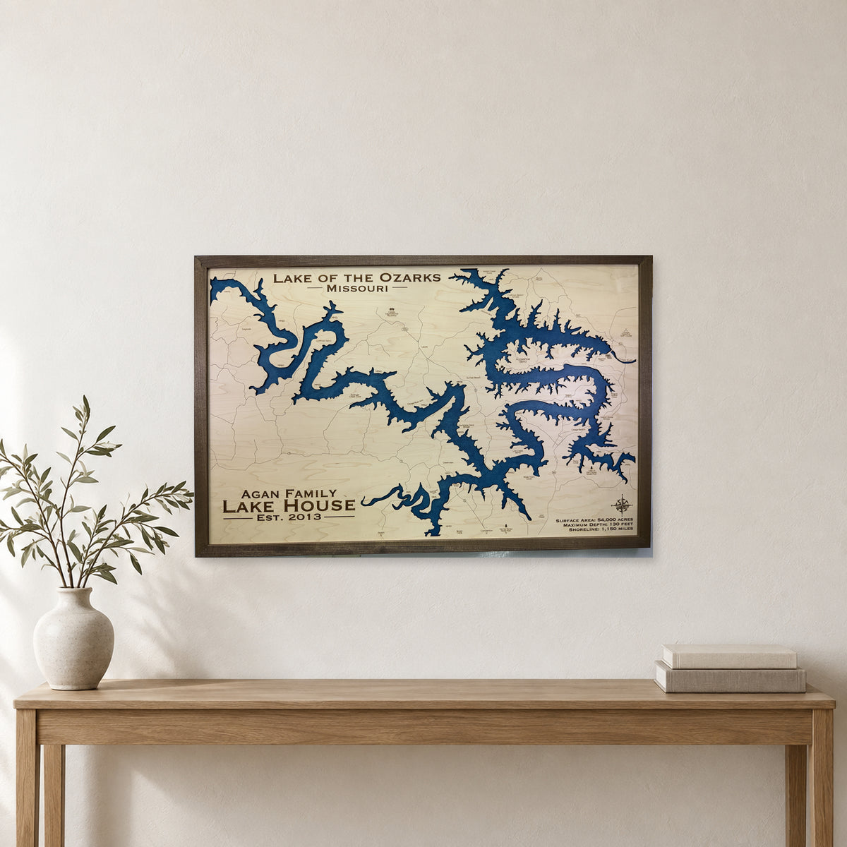 Lake of the Ozarks Missouri Agan Family Walnut Wide Single Water Layer Wood Map — room mockup [MC20261006 q2130 2d6710d29c49]