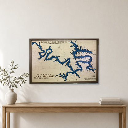 Lake of the Ozarks Missouri Agan Family Walnut Wide Single Water Layer Wood Map — room mockup [MC20261006 q2130 2d6710d29c49]