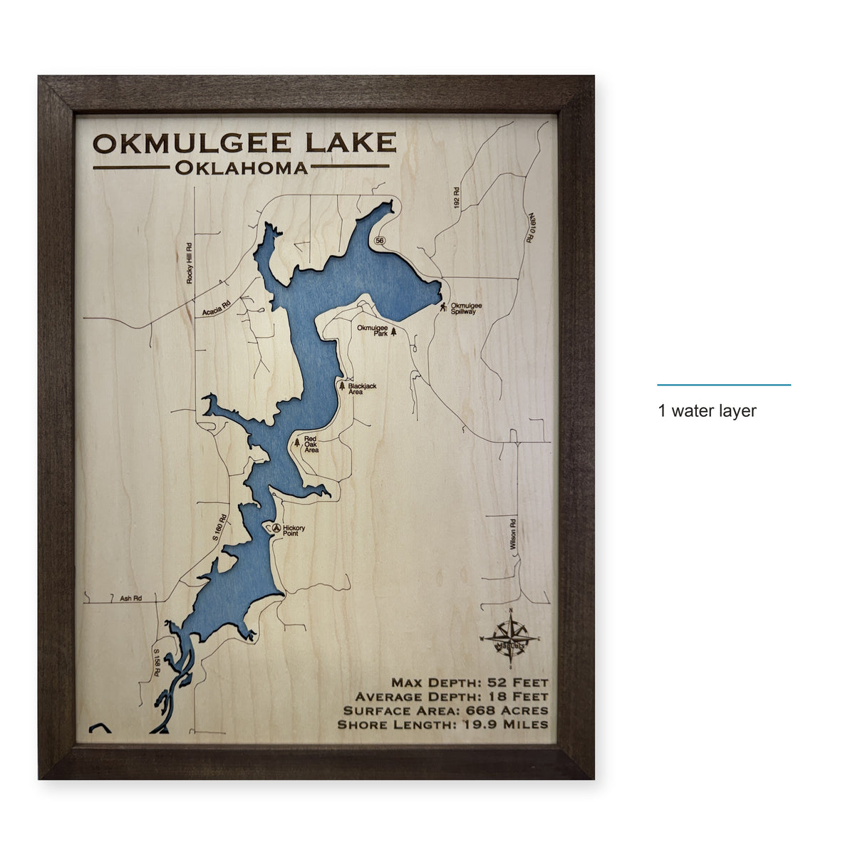Okmulgee Lake, Oklahoma Wood Map — style-labeled photo [MC20261006 q2134 3b6bbc66bf23]