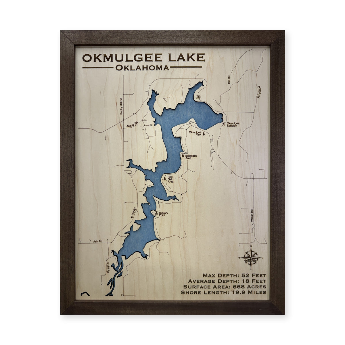 Okmulgee Lake, Oklahoma Wood Map — plain-background photo [MC20261006 q2134 e6d735c2aa2e]