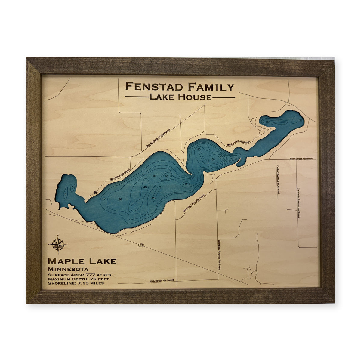Maple Lake, Minnesota Wood Map — plain-background photo [MC20261006 q2138 e7e9885355ce]