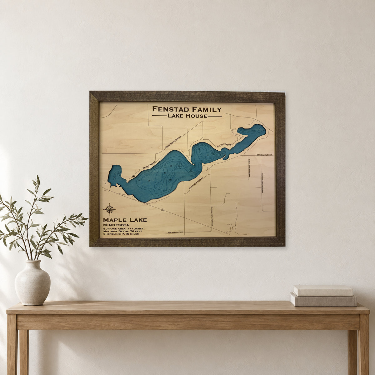Maple Lake, Minnesota Wood Map — room mockup [MC20261006 q2138 47bd4ad1808e]