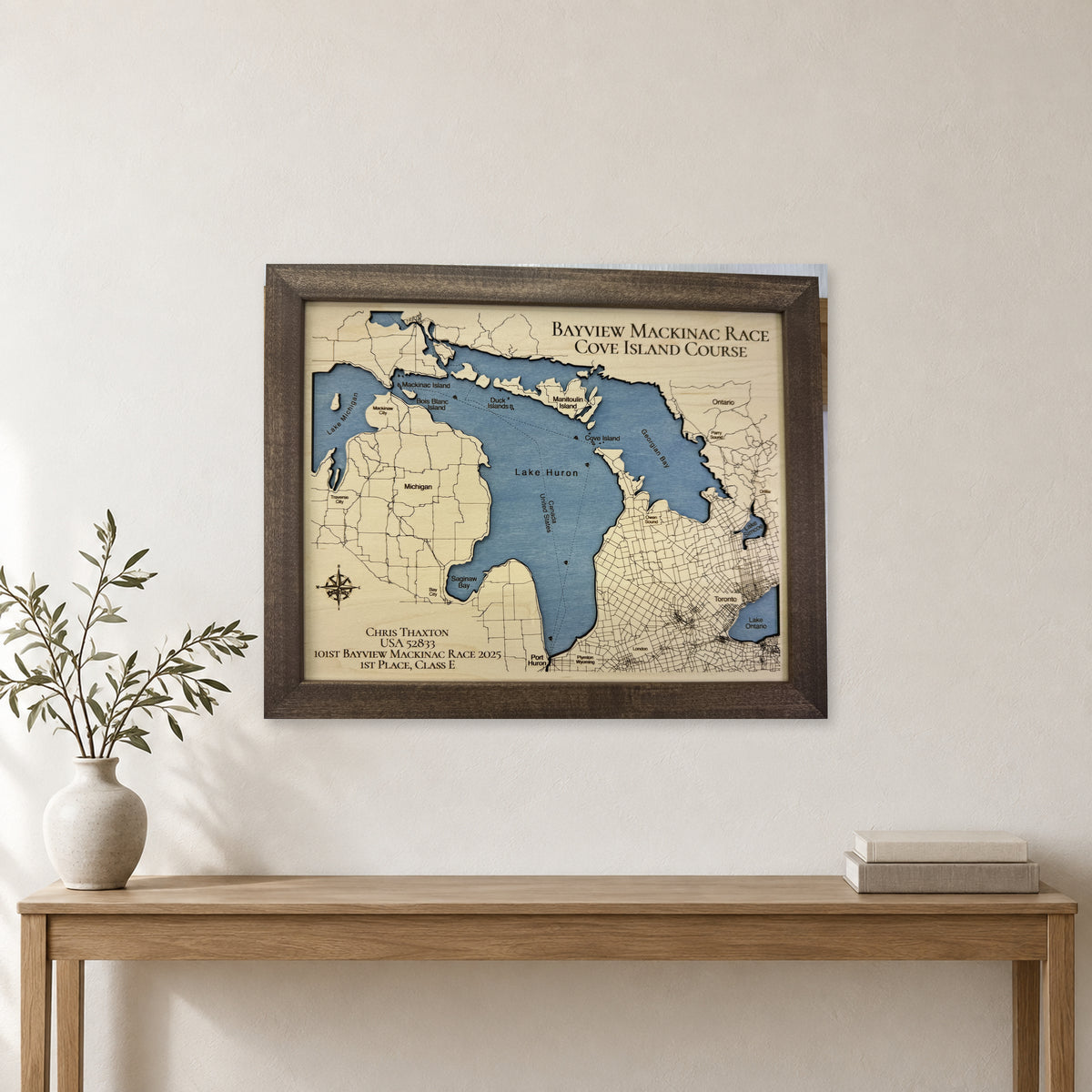 Lake Huron Bayview Mackinac Race Cove Island Walnut Single Water Layer Wood Map — room mockup [MC20261006 q2178 5fb10ebe4334]