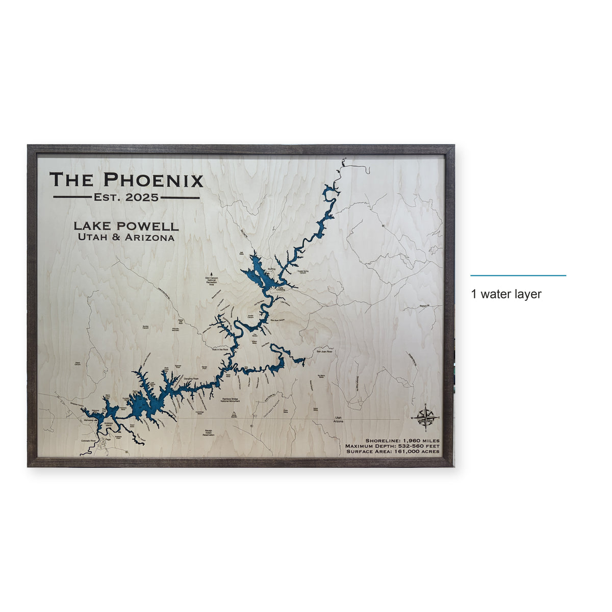 Lake Powell Utah Arizona The Phoenix Walnut Single Water Layer Wood Map — style-labeled photo [MC20261006 q2181 00201700c126]