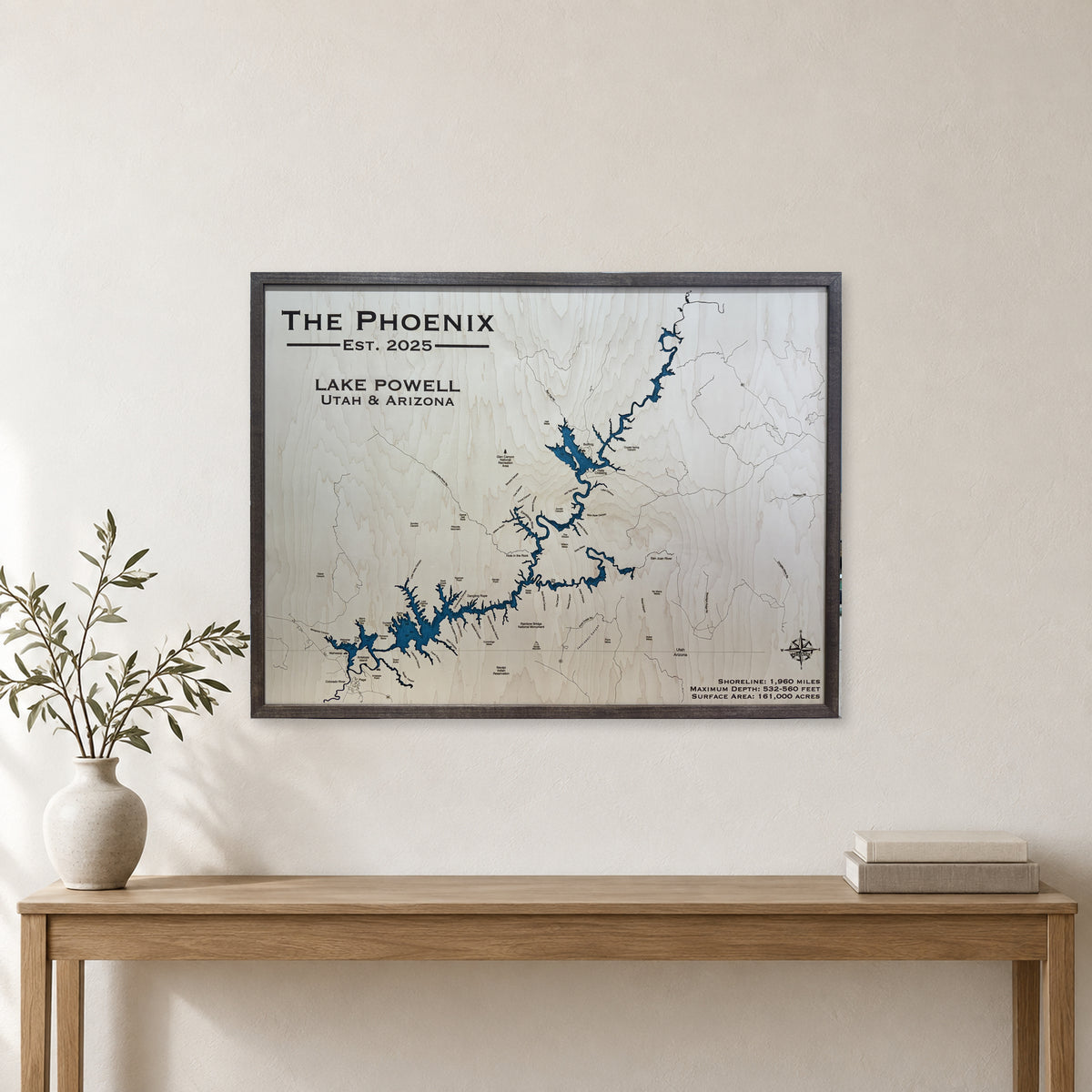 Lake Powell Utah Arizona The Phoenix Walnut Single Water Layer Wood Map — room mockup [MC20261006 q2181 bfec6dac9415]